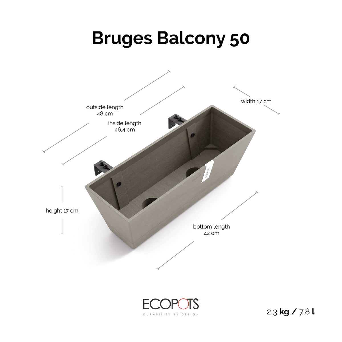 Kukkaruukku Bruge ripustettava 50cm taupe – mittapiirros