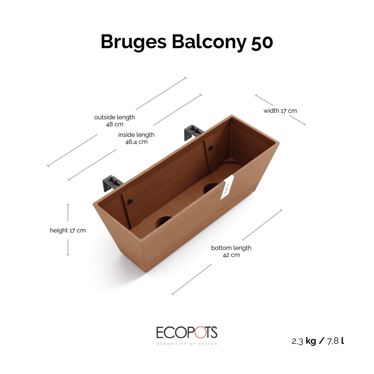 Kukkaruukku Bruge ripustettava 50cm terracotta – mittapiirros