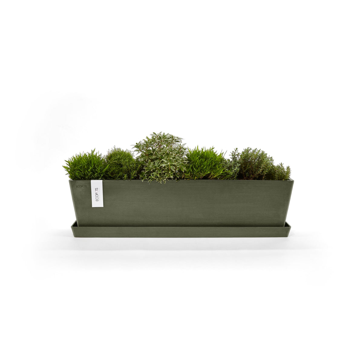 Kukkaruukku Bruge 80cm kaki – aluslautasen ja kasvin kanssa