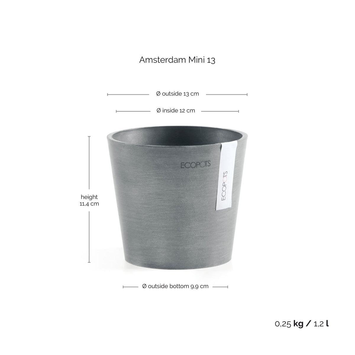Kukkaruukku Amsterdam 13cm siniharmaa – mittapiirros