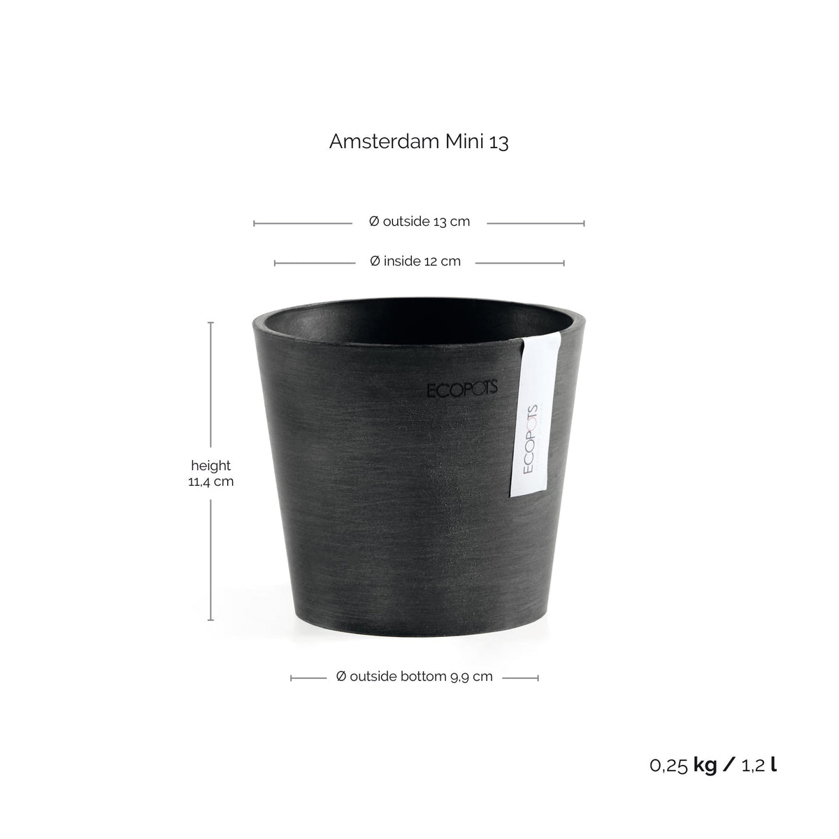 Kukkaruukku Amsterdam 13cm tummanharmaa – mittapiirros