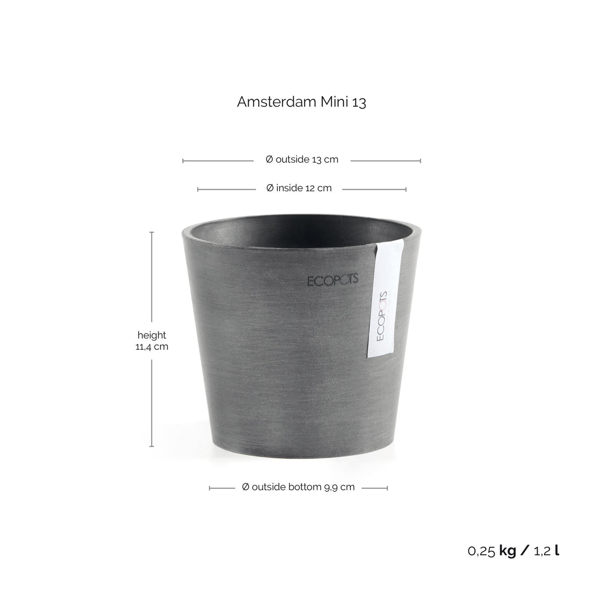 Kukkaruukku Amsterdam 13cm harmaa – mittapiirros