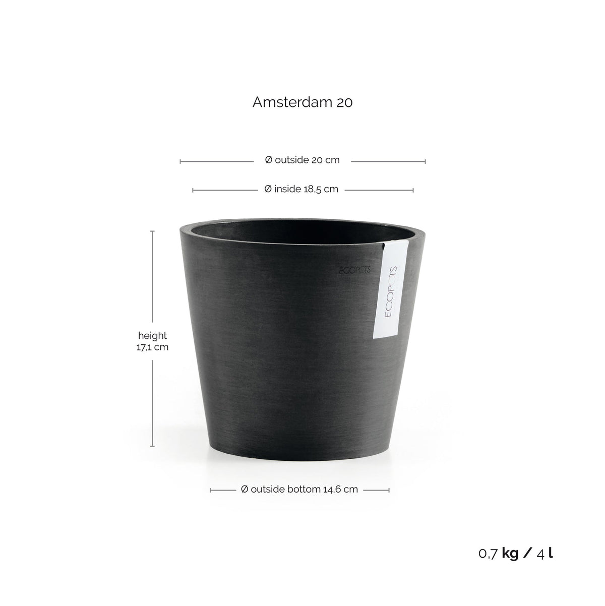 Kukkaruukku Amsterdam 20cm tummanharmaa – mittapiirros