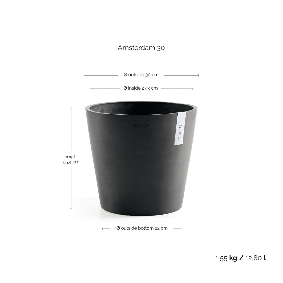 Kukkaruukku Amsterdam 30cm tummanharmaa – mittapiirros