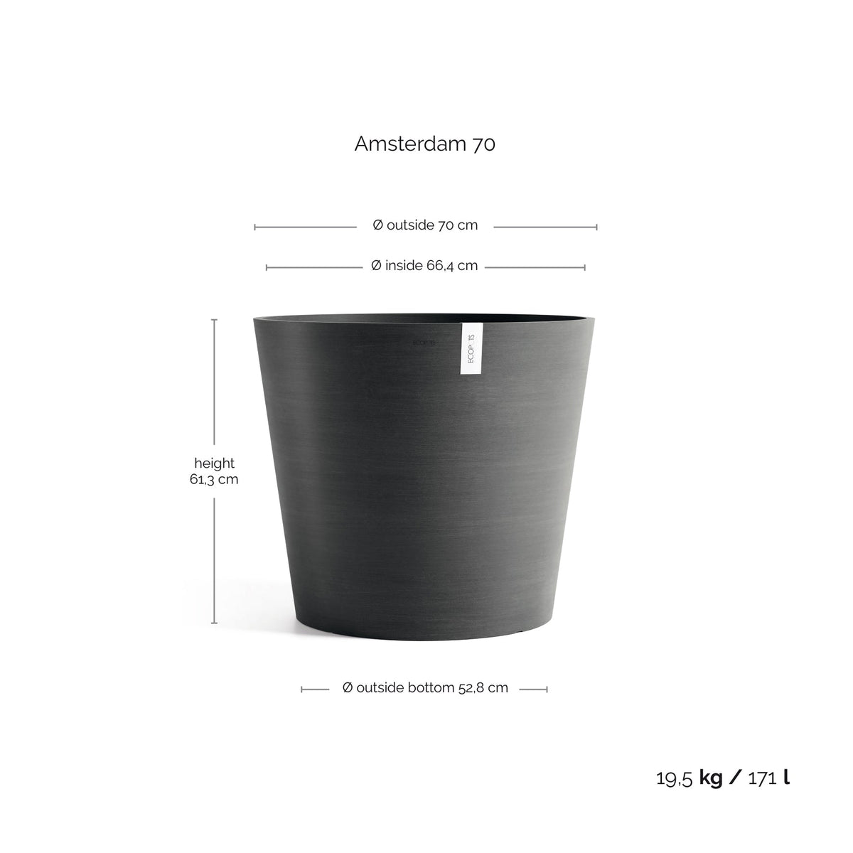 Kukkaruukku Amsterdam 70cm tummanharmaa – mittapiirros
