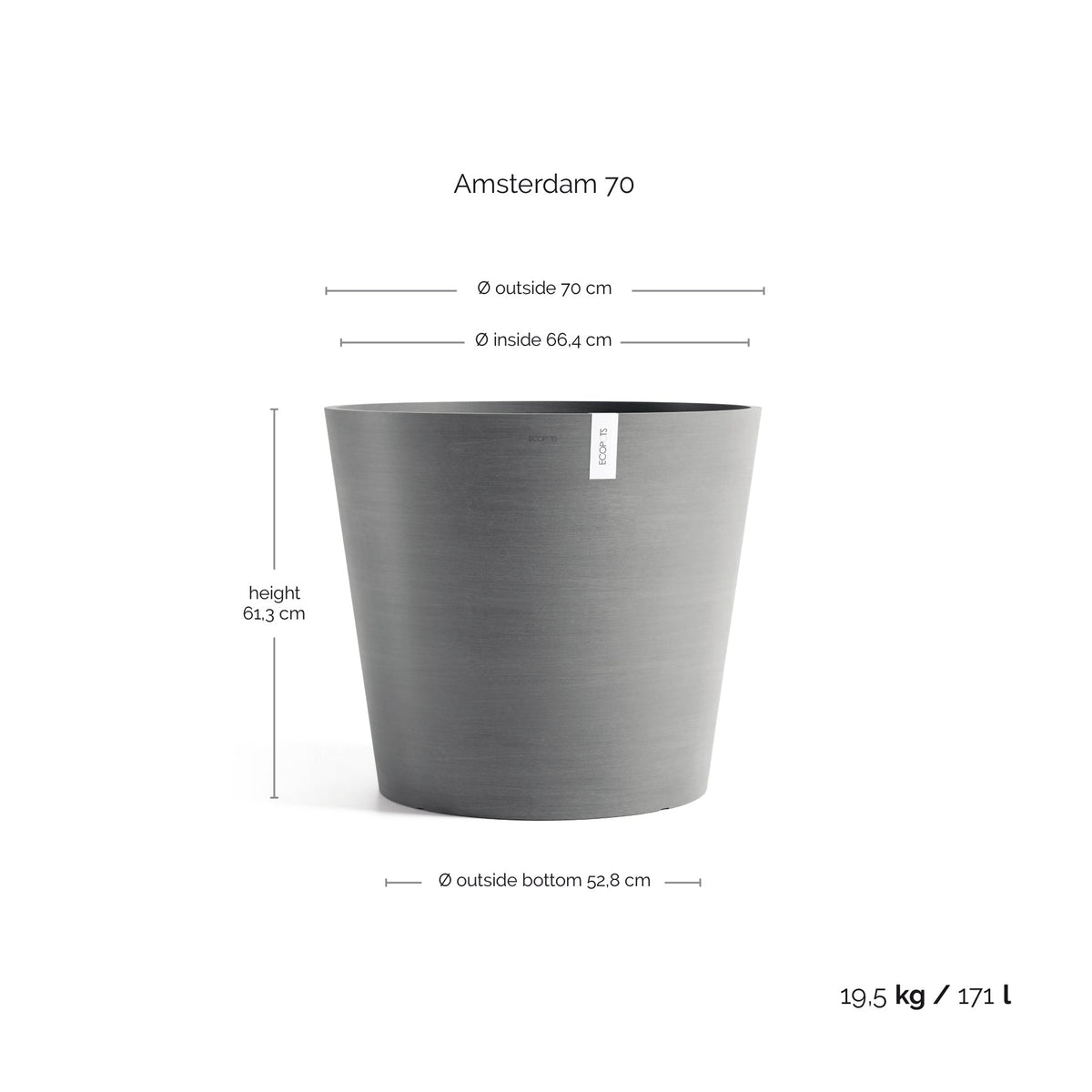 Kukkaruukku Amsterdam 70cm harmaa – mittapiirros