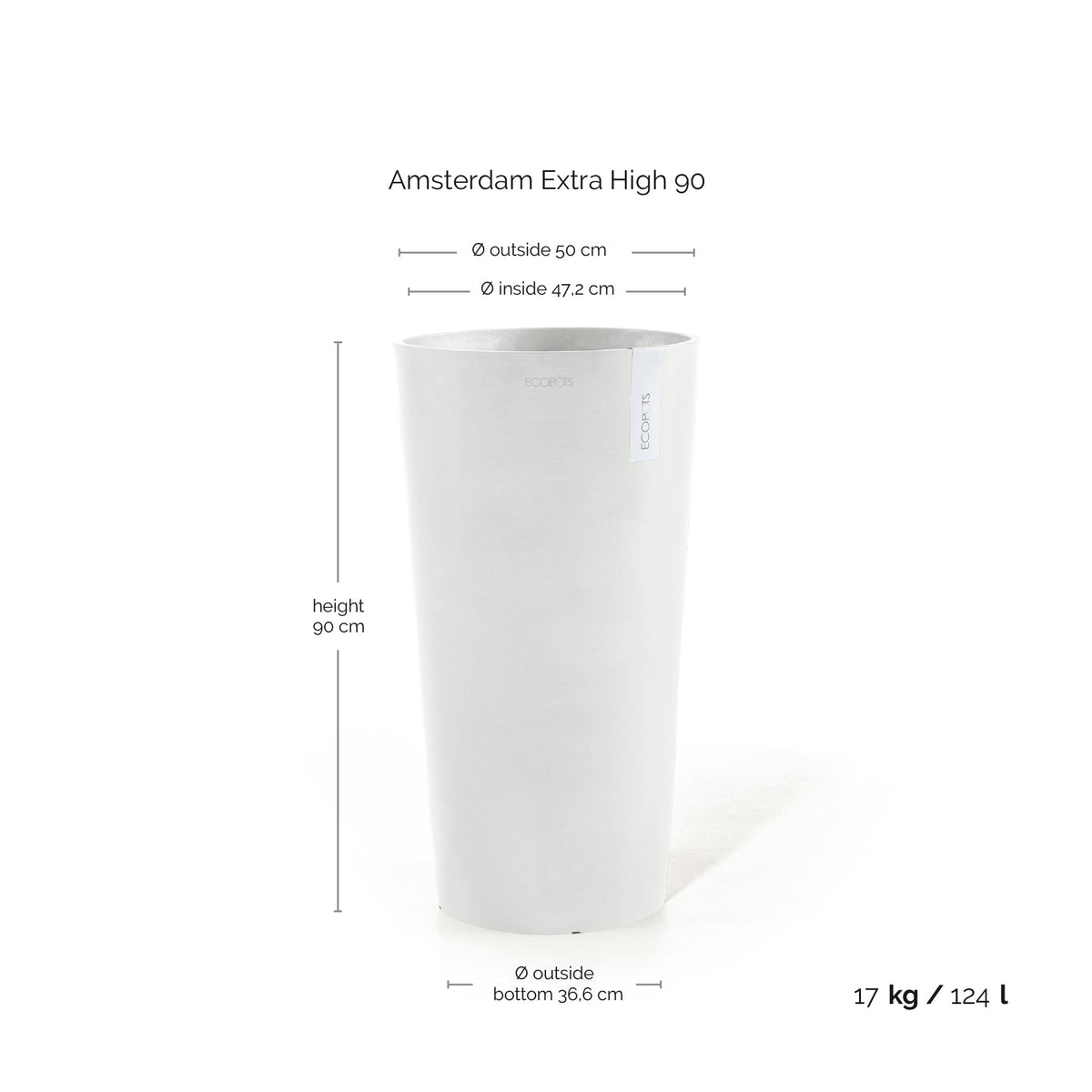 Kukkaruukku Amsterdam korkea 90cm valkoinen – mittapiirros
