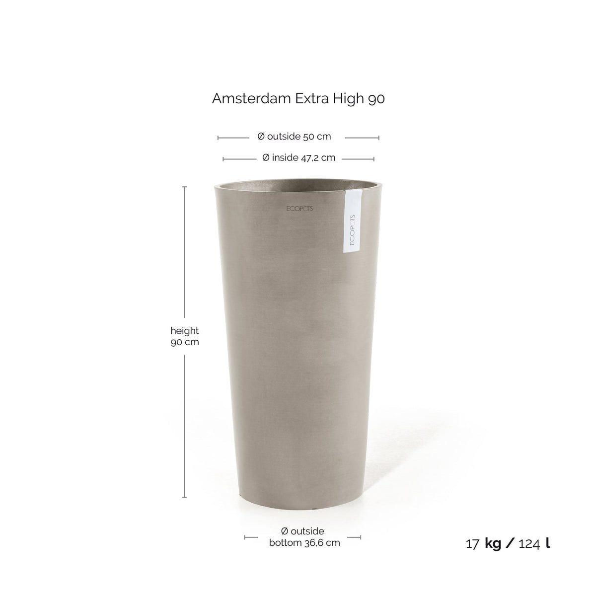Kukkaruukku Amsterdam korkea 90cm taupe – mittapiirros