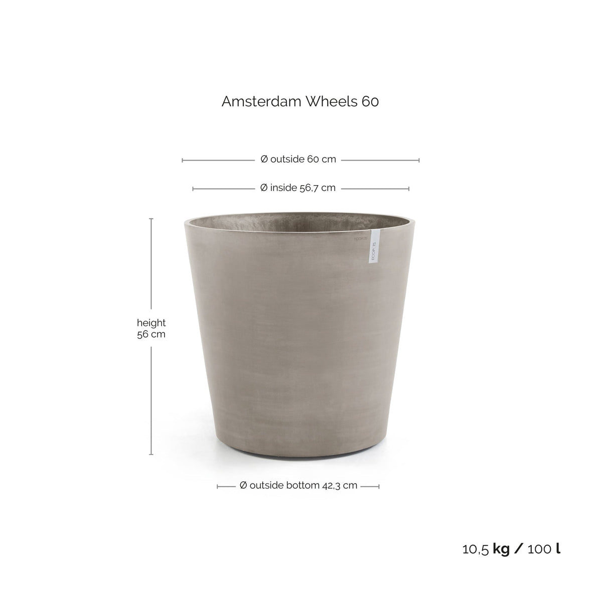 Kukkaruukku Amsterdam pyörillä 60cm taupe – mittapiirros