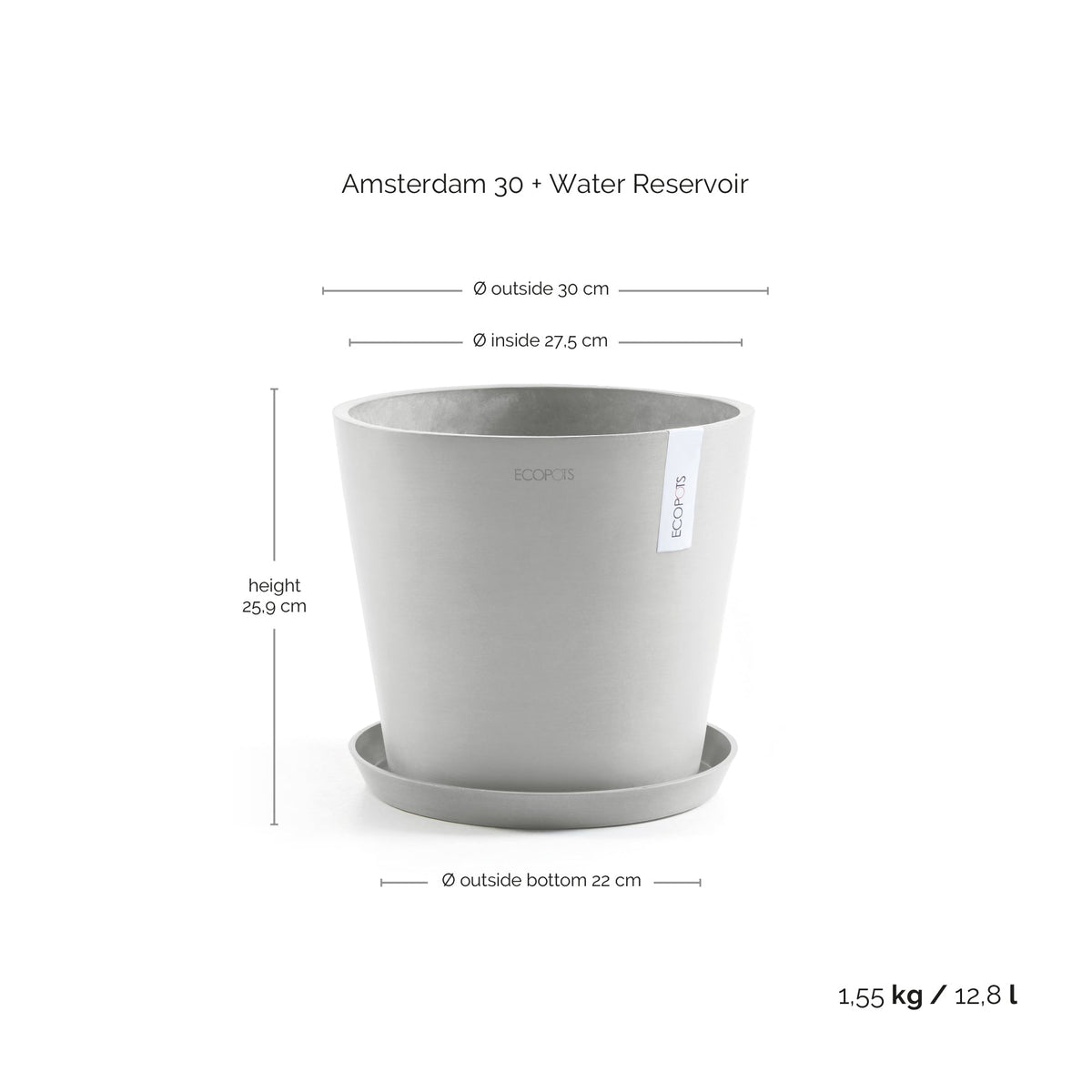 Kukkaruukku Amsterdam 30cm valkoharmaa altakasteluosalla – mittapiirros