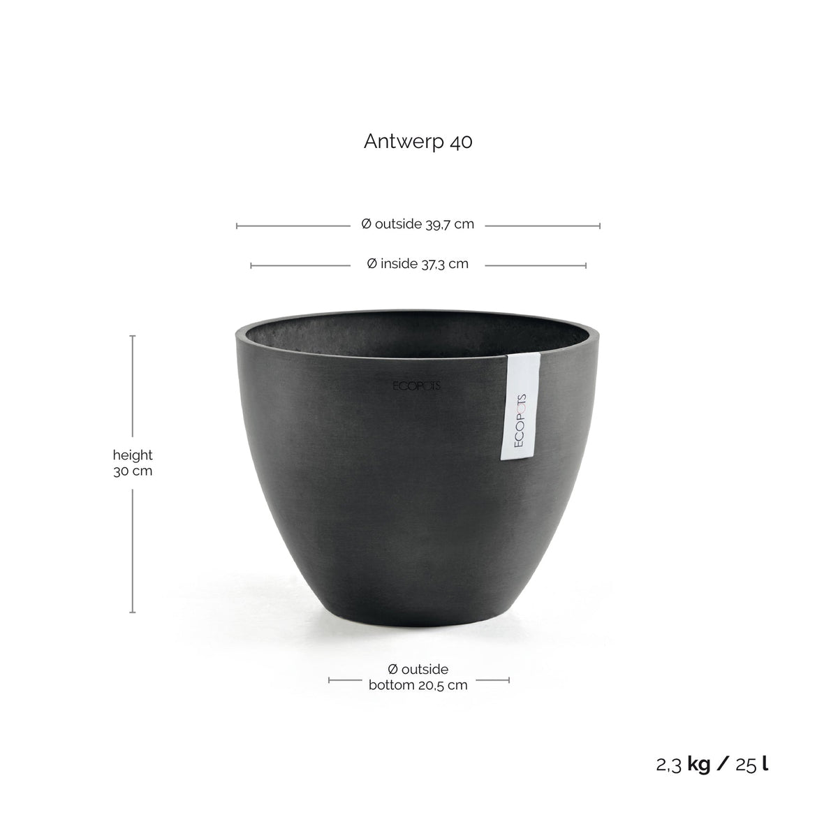 Kukkaruukku Antwerpen 40cm tummanharmaa – mittapiirros