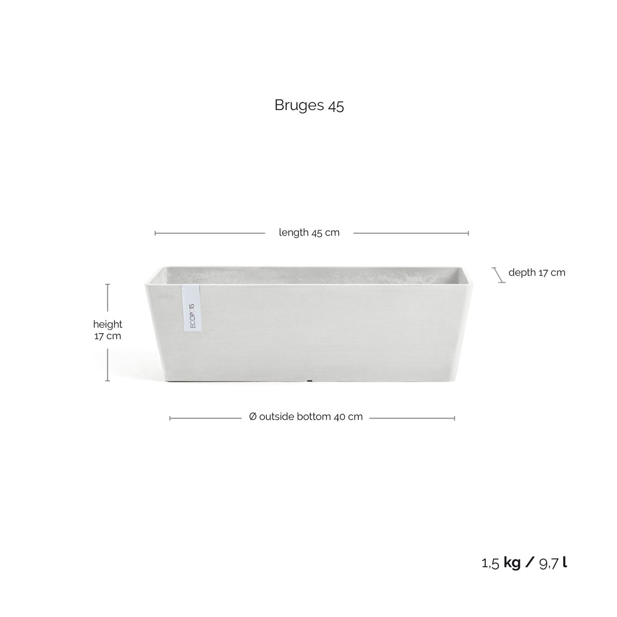 Kukkaruukku Bruge 45cm valkoinen – mittapiirros