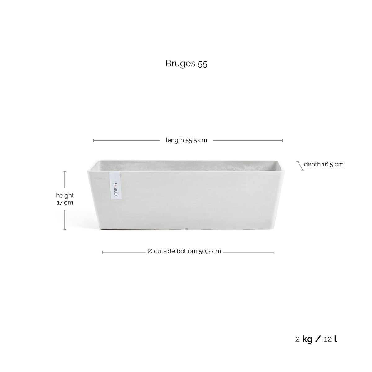Kukkaruukku Bruge 55cm valkoinen – mittapiirros