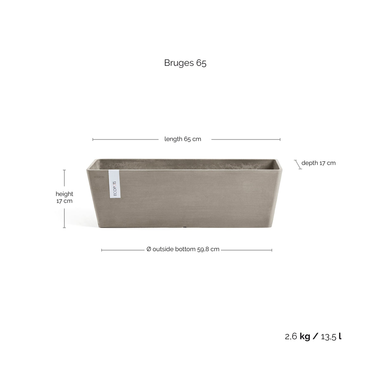 Kukkaruukku Bruge 65cm taupe – mittapiirros