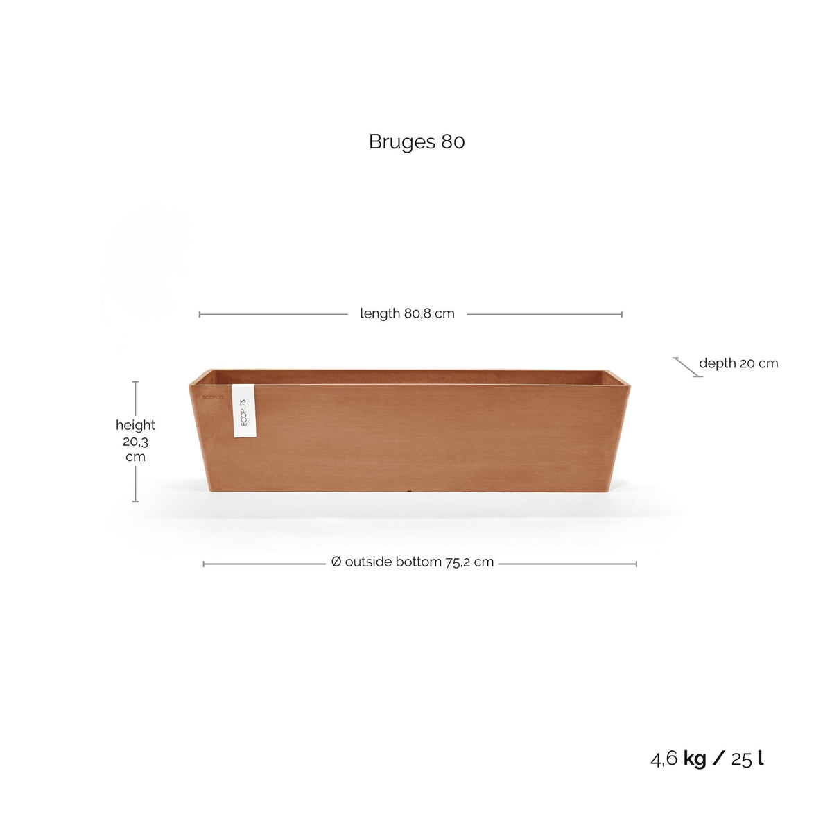 Kukkaruukku Bruge 80cm terracotta – mittapiirros