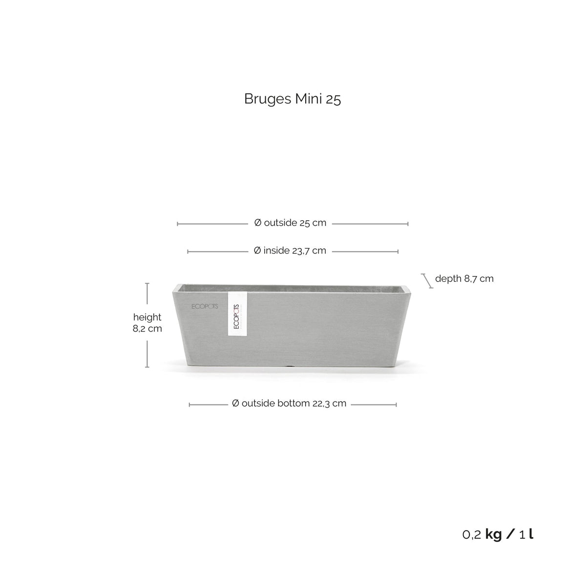 Kukkaruukku Bruge mini 25cm valkoharmaa – mittapiirros