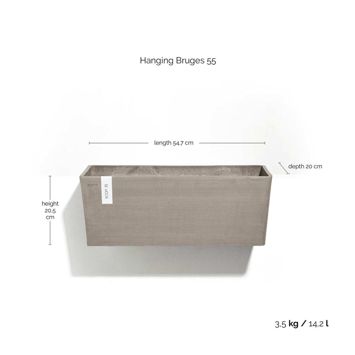 Kukkaruukku Bruge ripustettava 55cm taupe – mittapiirros