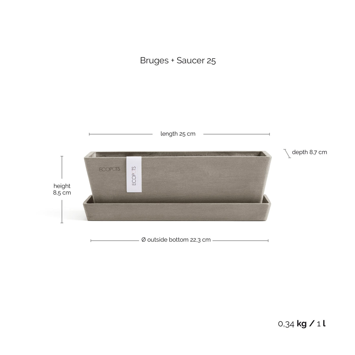 Kukkaruukku Bruge 25cm + aluslautanen taupe – mittapiirros