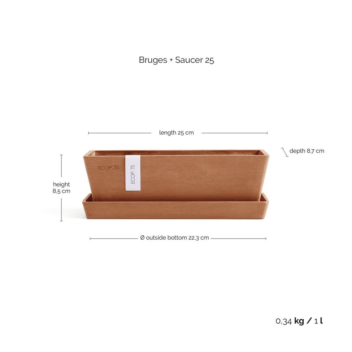 Kukkaruukku Bruge 25cm + aluslautanen terracotta – mittapiirros