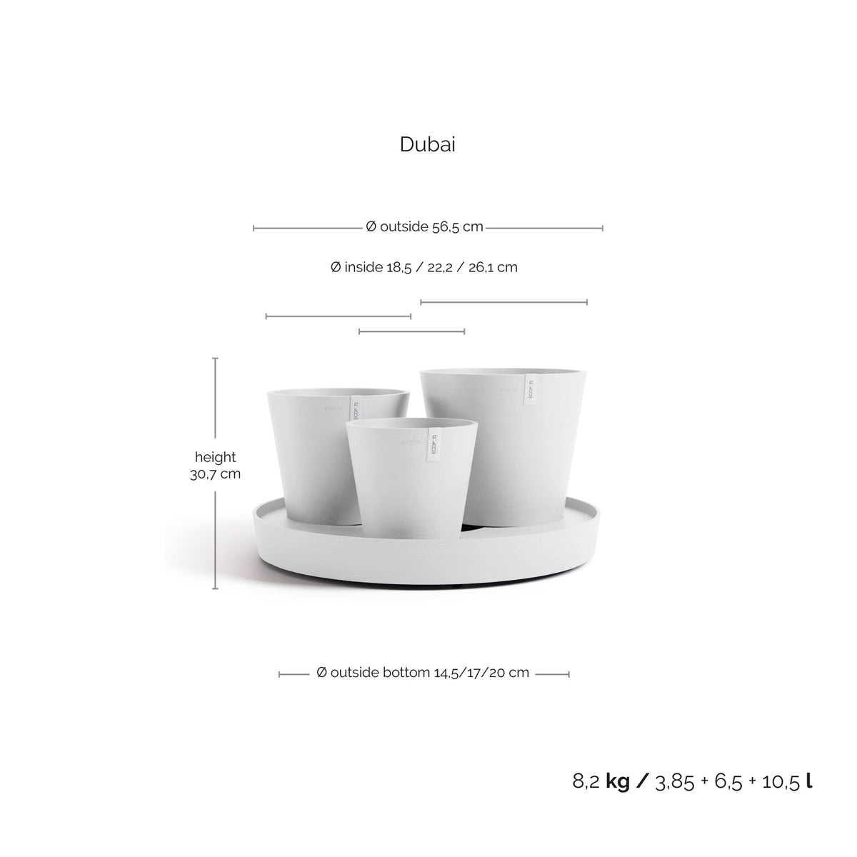 Kukkaruukku Dubai 56cm valkoinen – mittapiirros