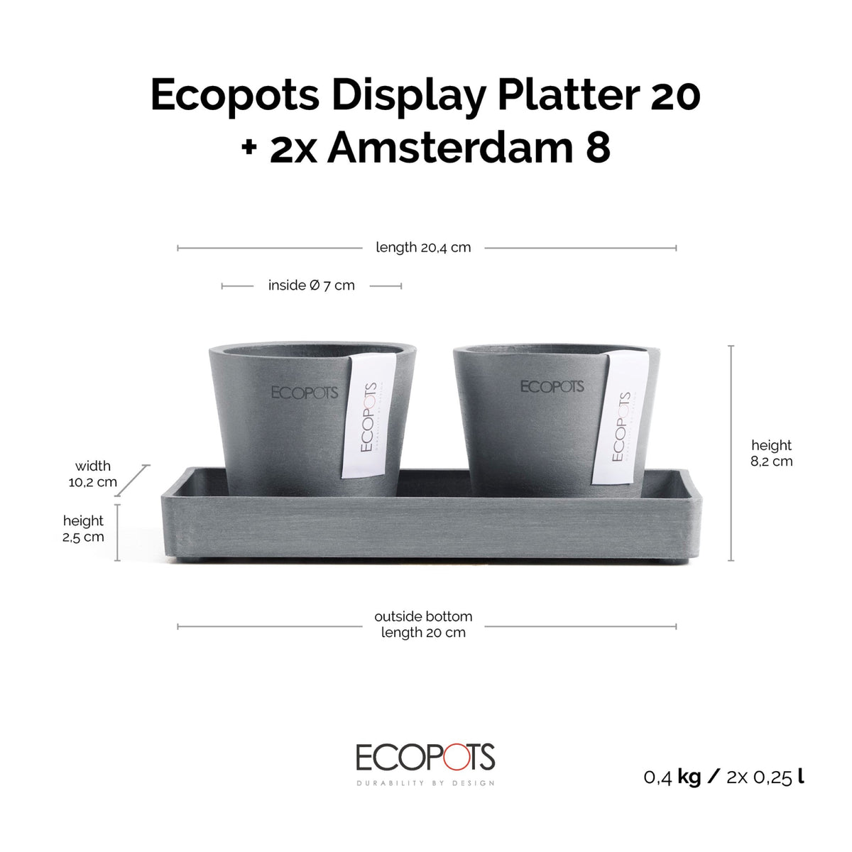 Kukkaruukku Amsterdam 8cm 2kpl & esillepanotarjotin 20cm siniharmaa – mittapiirros