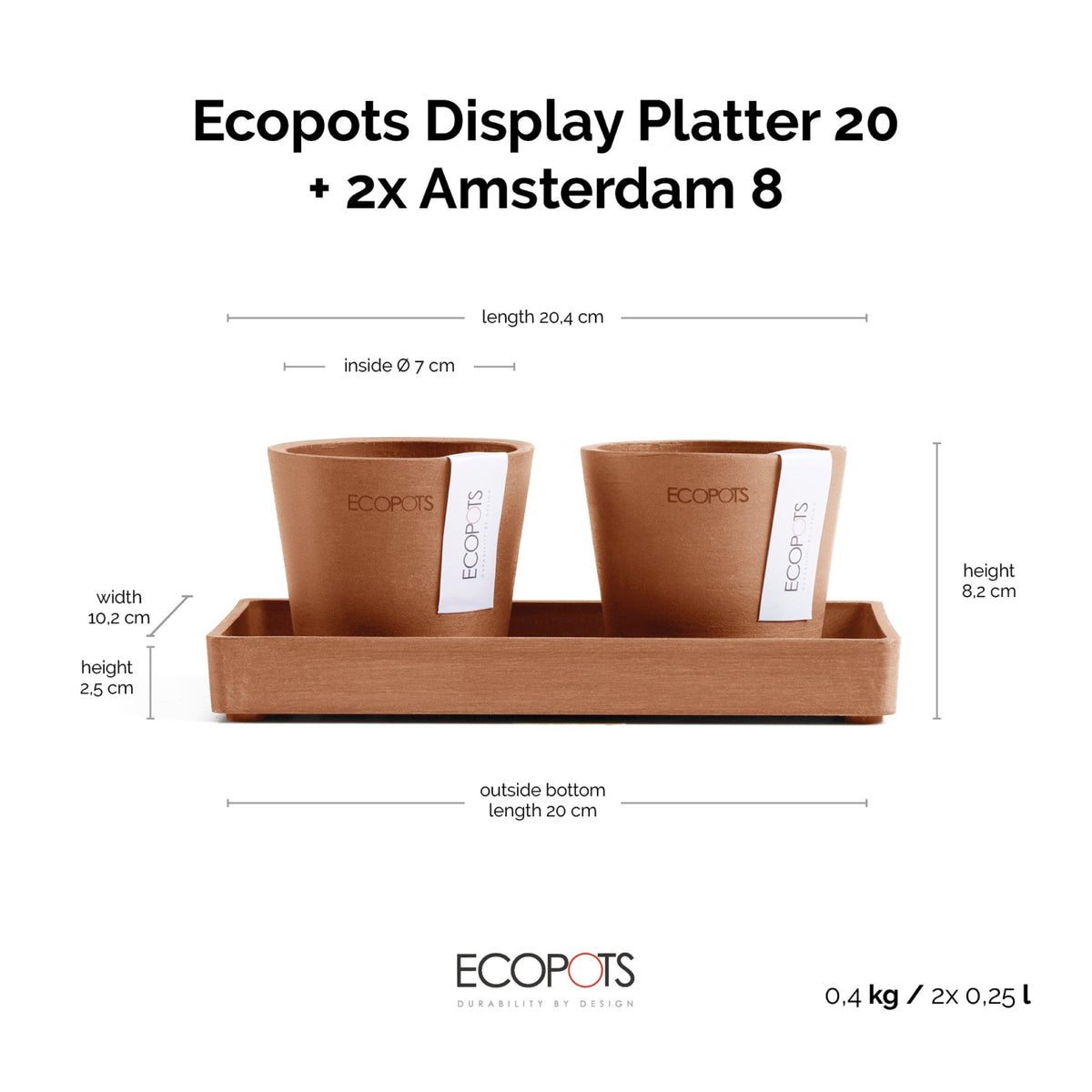 Kukkaruukku Amsterdam 8cm 2kpl & esillepanotarjotin 20cm terracotta – mittapiirros
