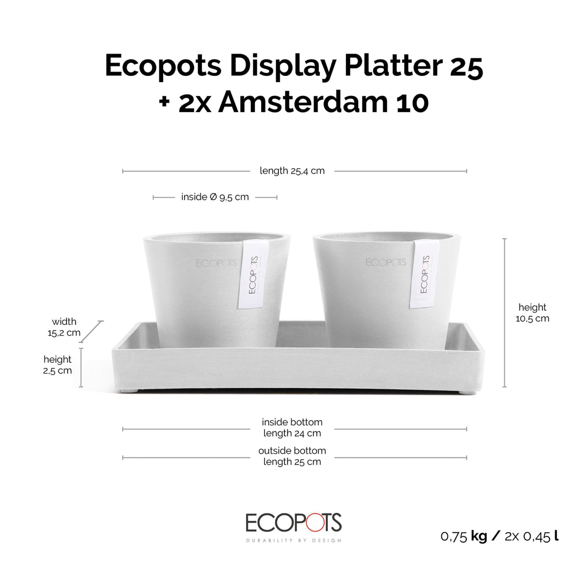 Kukkaruukku Amsterdam 10,5cm 2kpl & esillepanotarjotin 25cm valkoinen – mittapiirros
