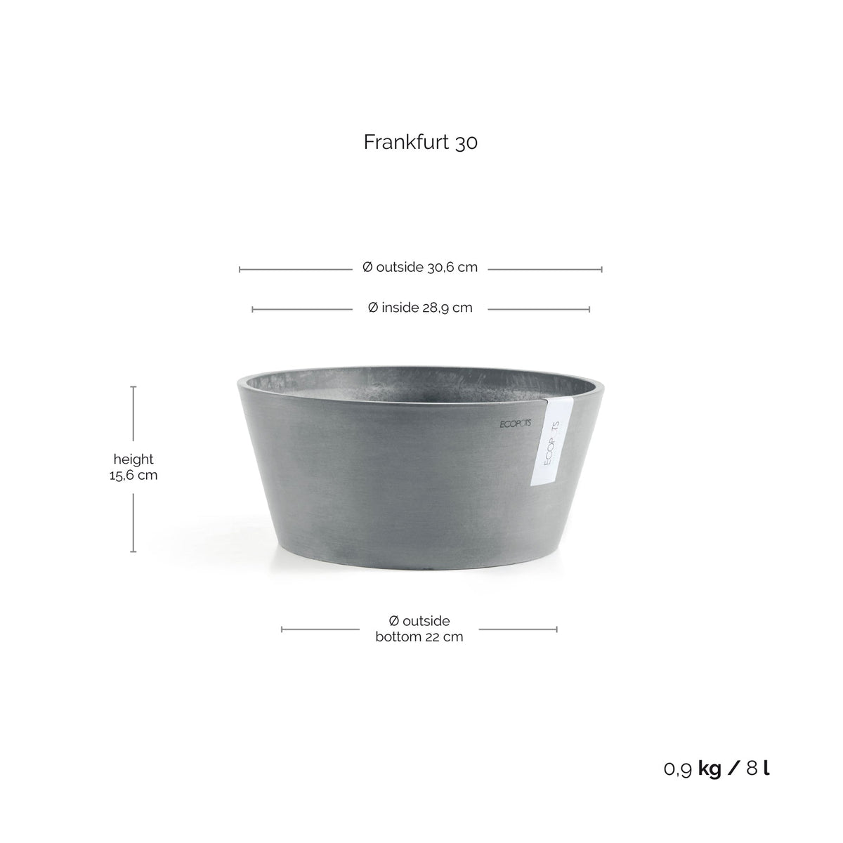 Kukkaruukku Frankfurt 30cm siniharmaa – mittapiirros