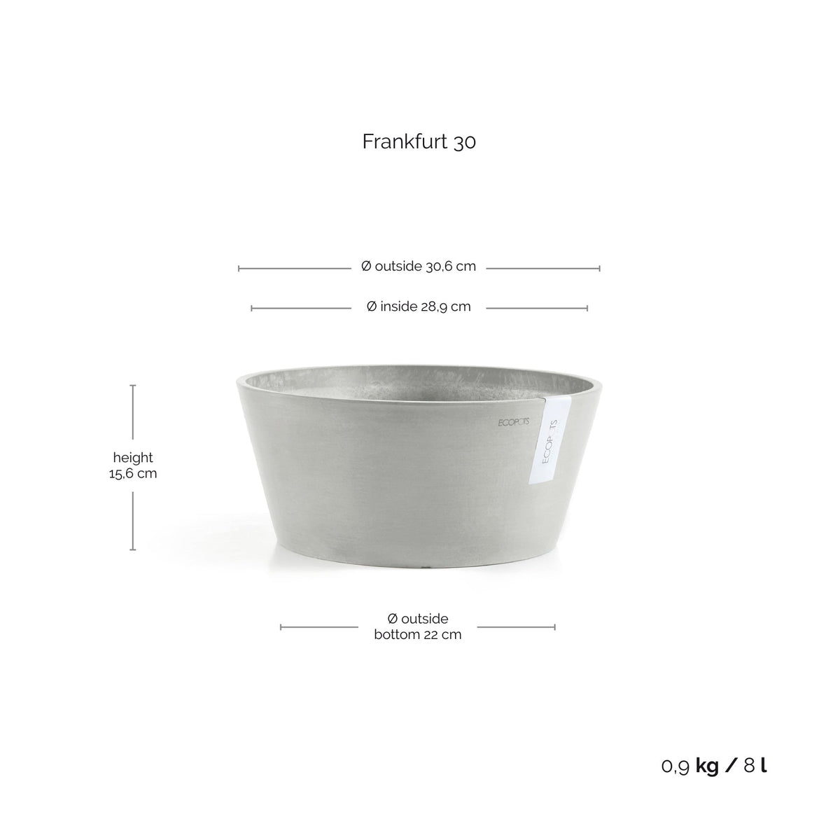 Kukkaruukku Frankfurt 30cm valkoharmaa – mittapiirros
