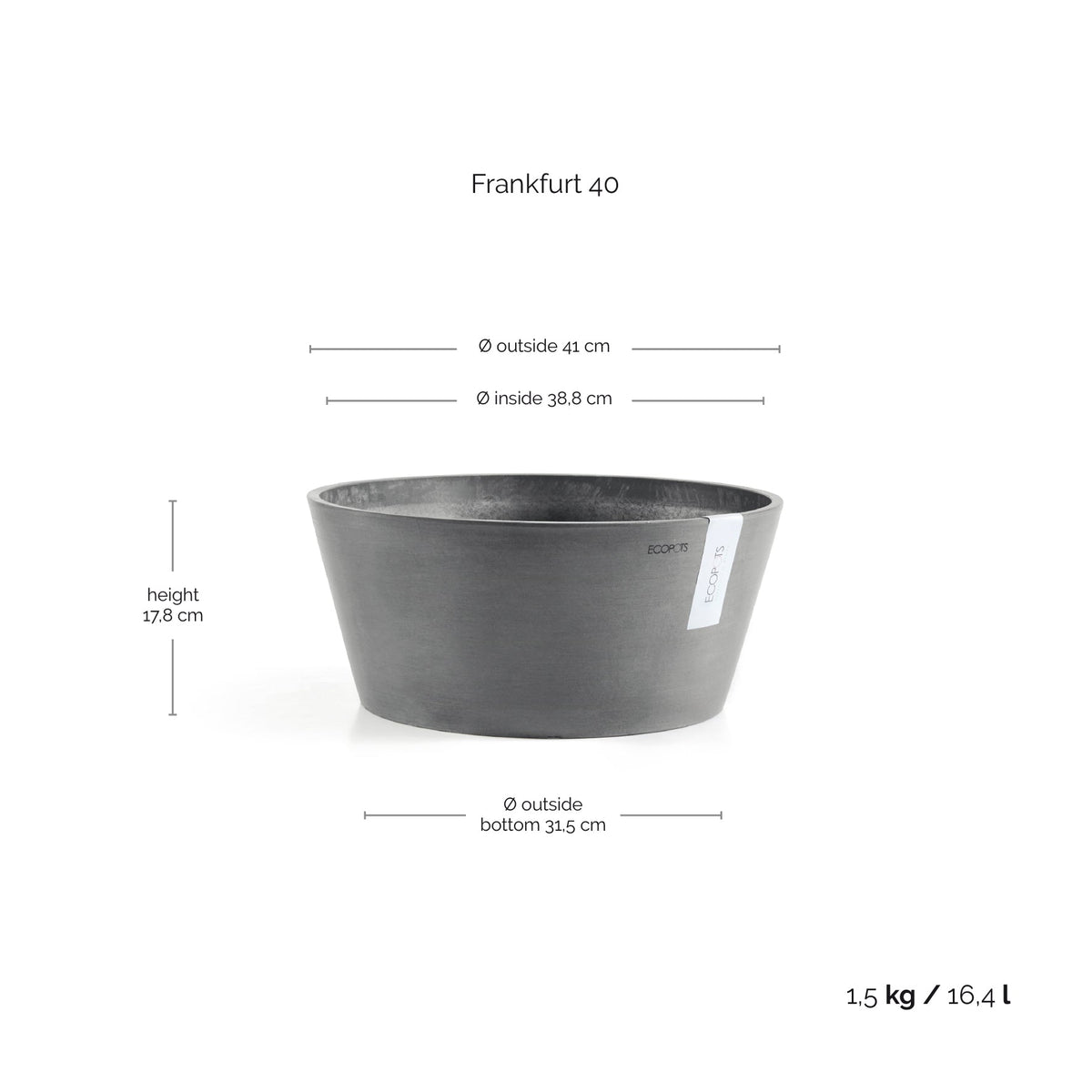 Kukkaruukku Frankfurt 40cm harmaa – mittapiirros