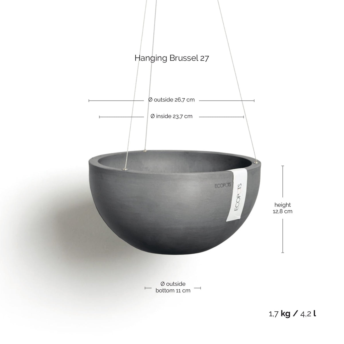 Kukkaruukku Brysseli ripustettava 27cm harmaa – mittapiirros