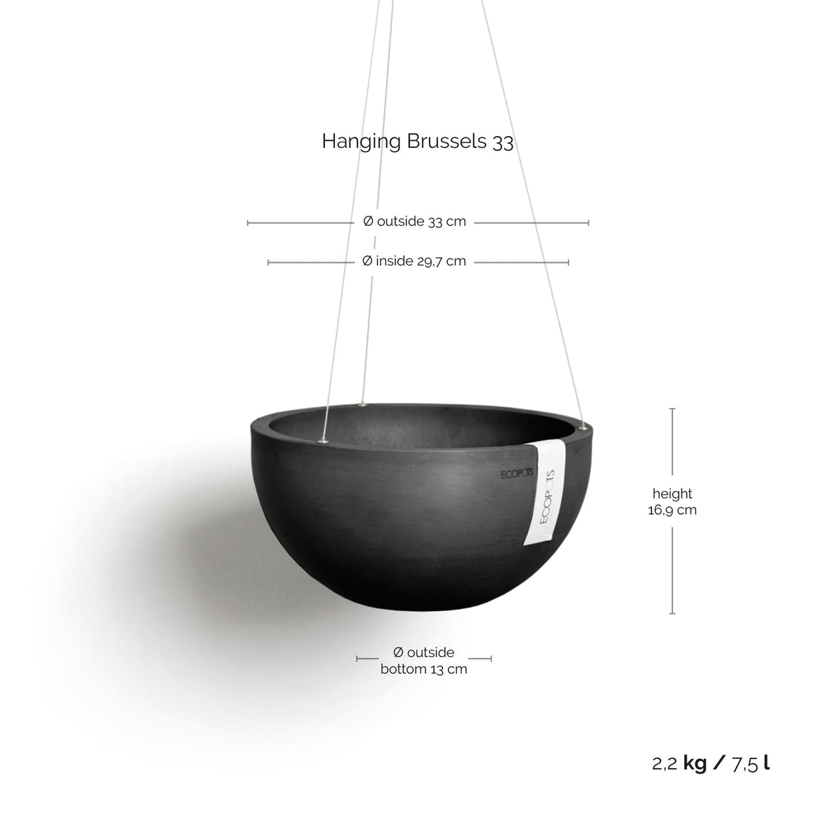 Kukkaruukku Brysseli ripustettava 33cm tummanharmaa – mittapiirros