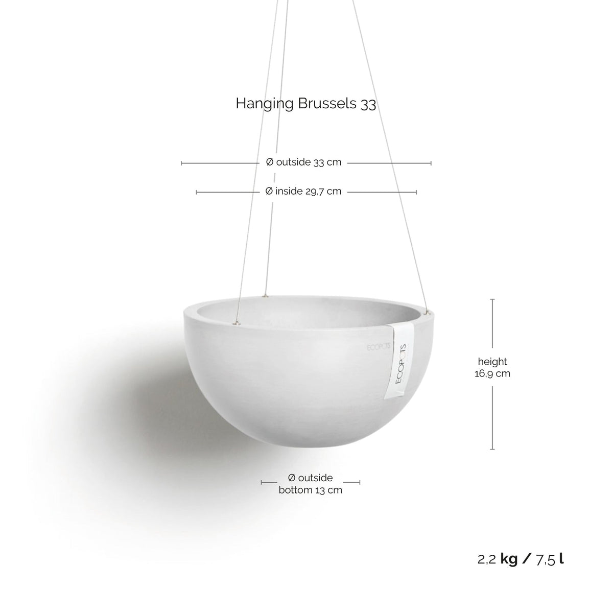 Kukkaruukku Brysseli ripustettava 33cm valkoinen – mittapiirros
