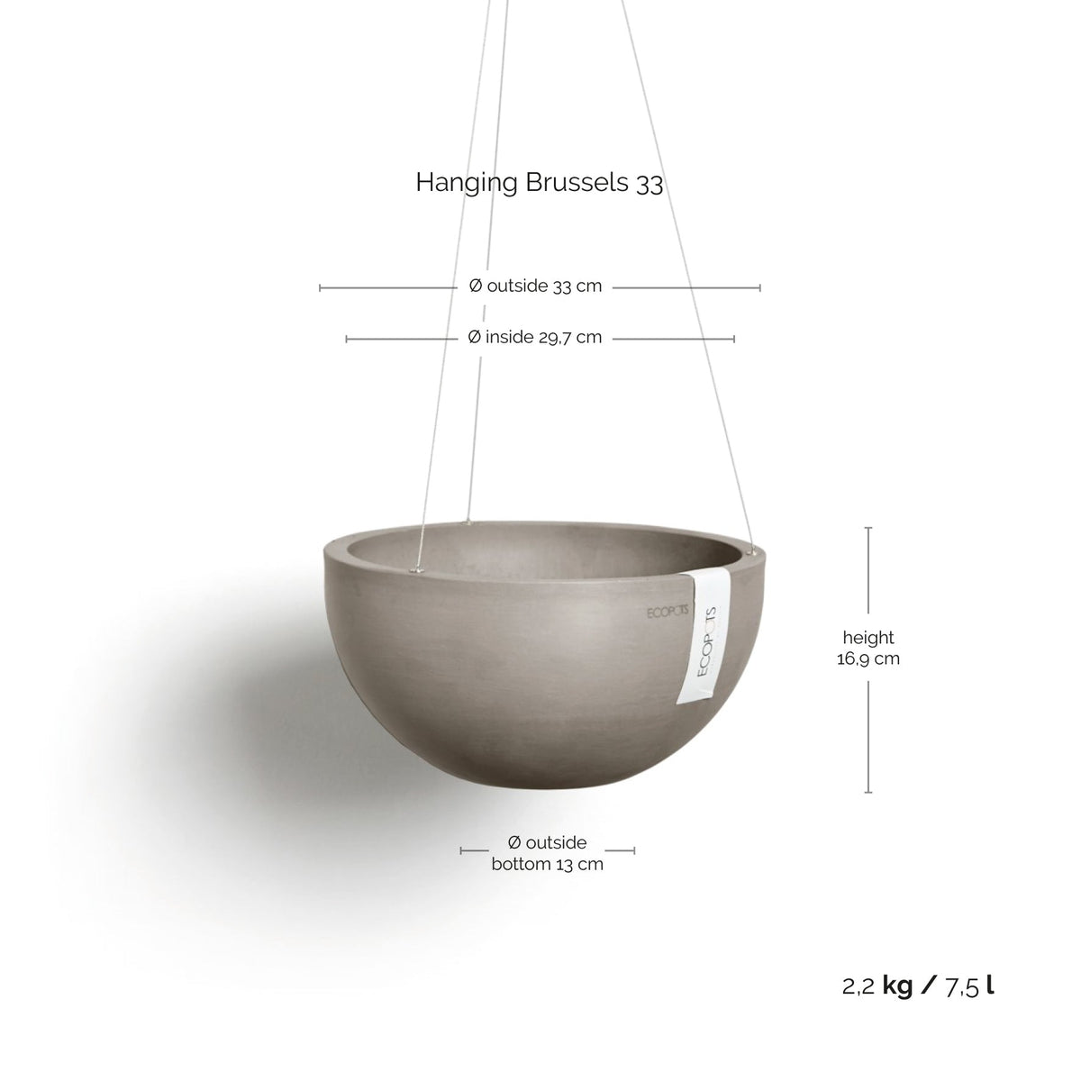 Kukkaruukku Brysseli ripustettava 33cm taupe – mittapiirros