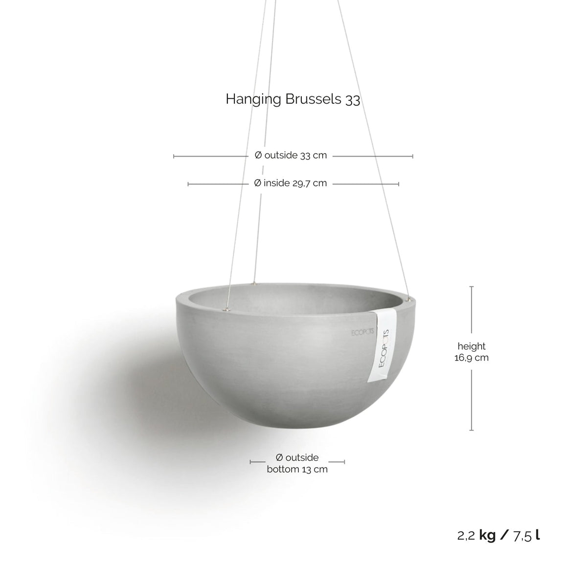 Kukkaruukku Brysseli ripustettava 33cm valkoharmaa – mittapiirros