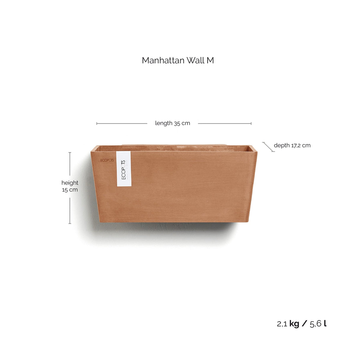 Kukkaruukku Manhattan seinälle 35cm terracotta – mittapiirros