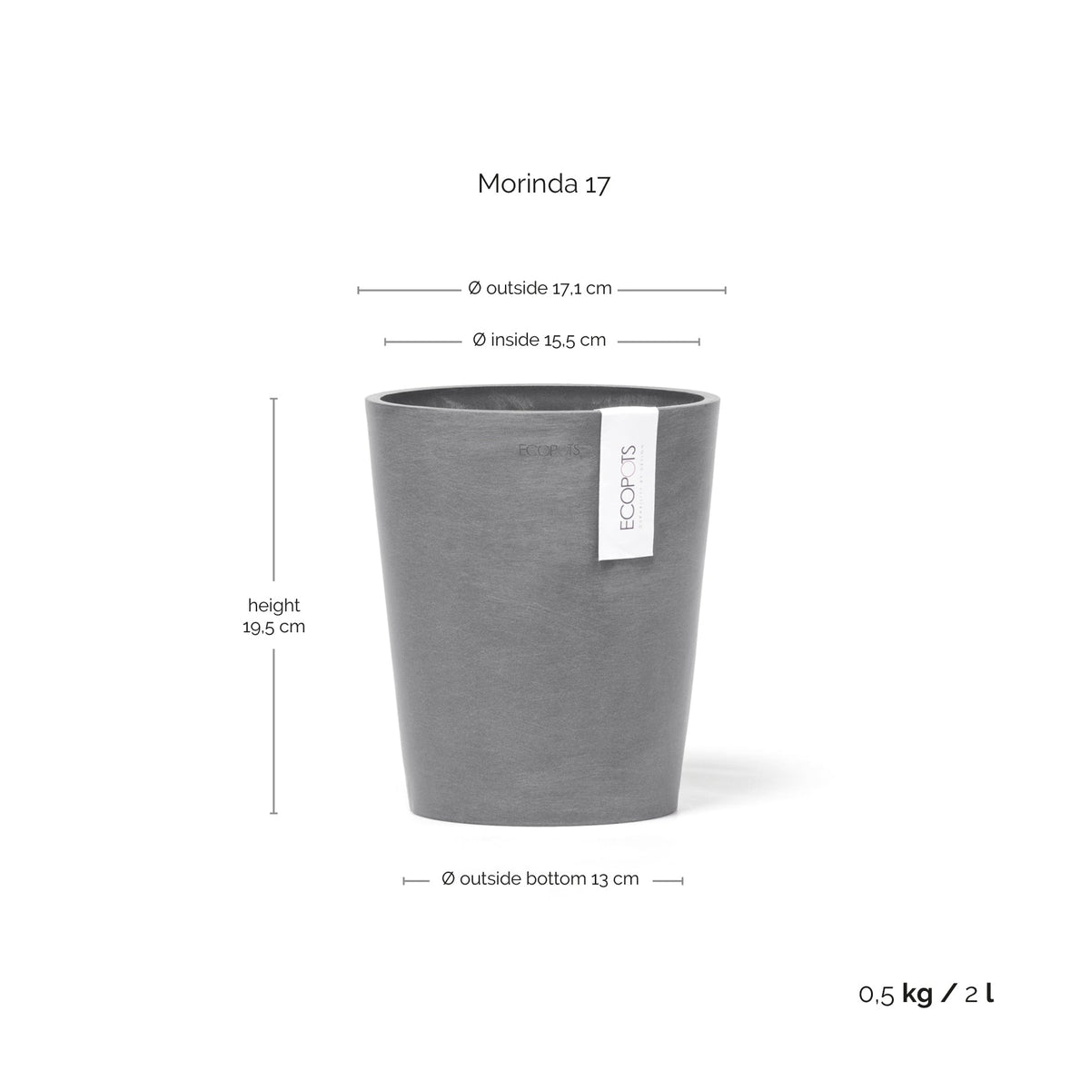 Kukkaruukku Morinda 17cm harmaa – mittapiirros