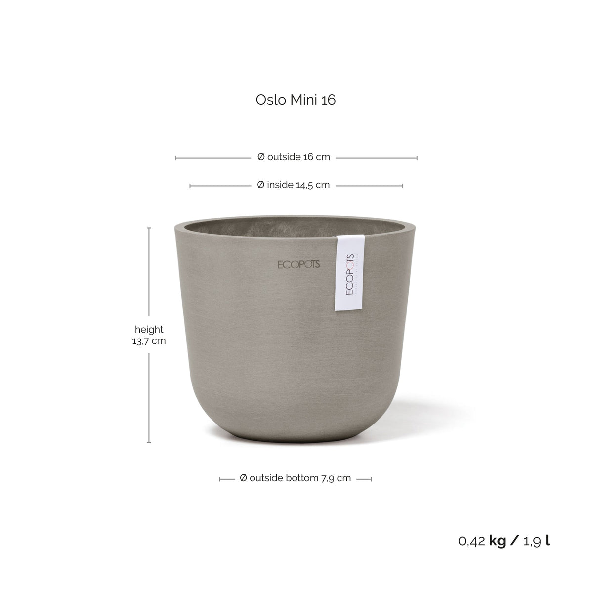 Kukkaruukku Oslo 16cm taupe – mittapiirros