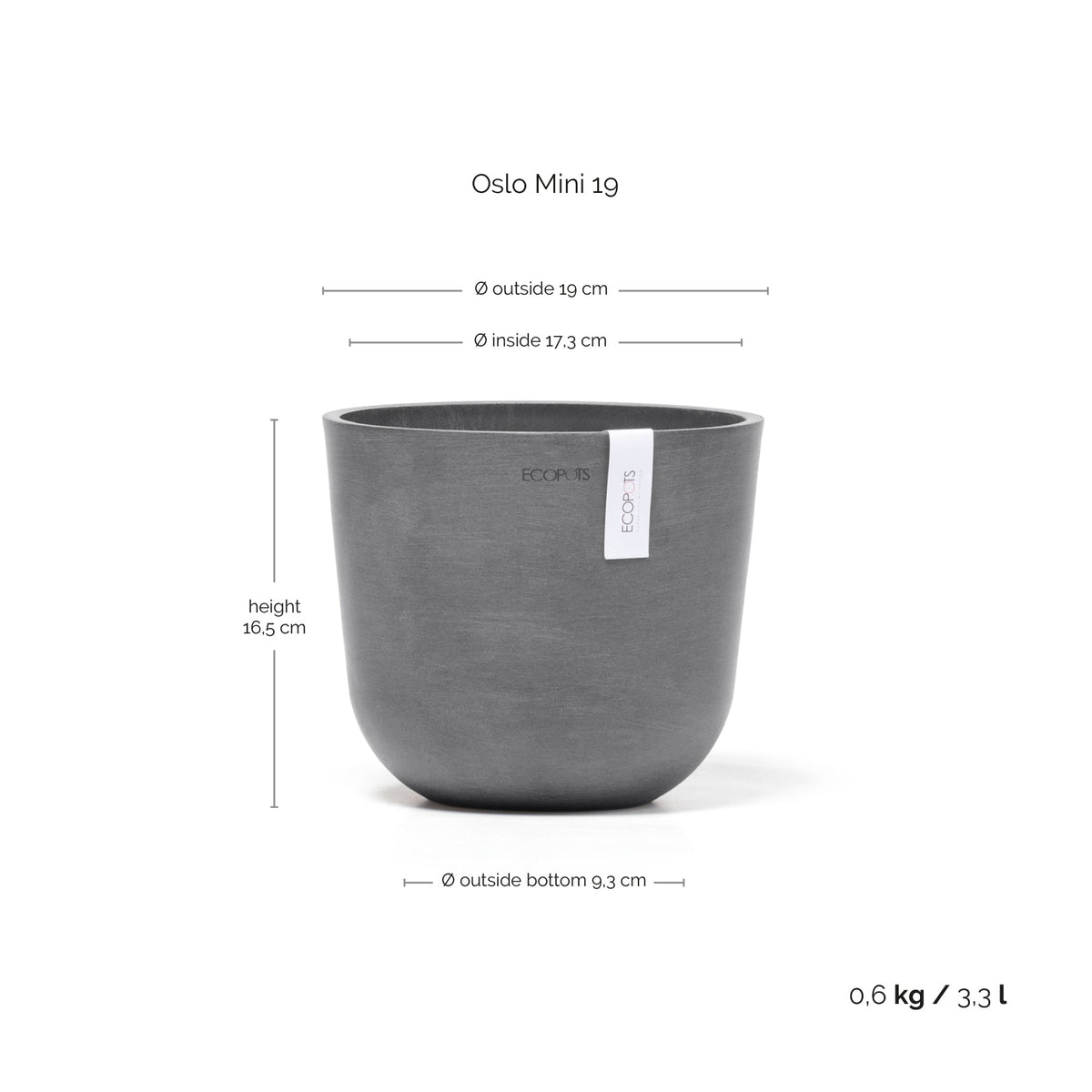 Kukkaruukku Oslo 19cm harmaa – mittapiirros