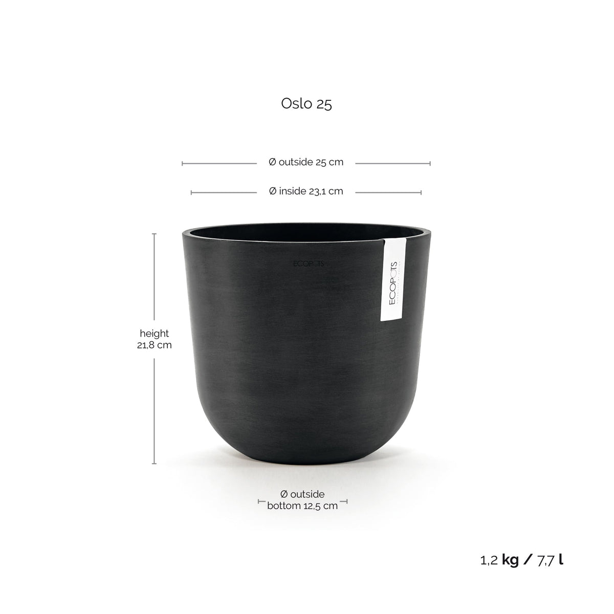 Kukkaruukku Oslo 25cm tummanharmaa – mittapiirros