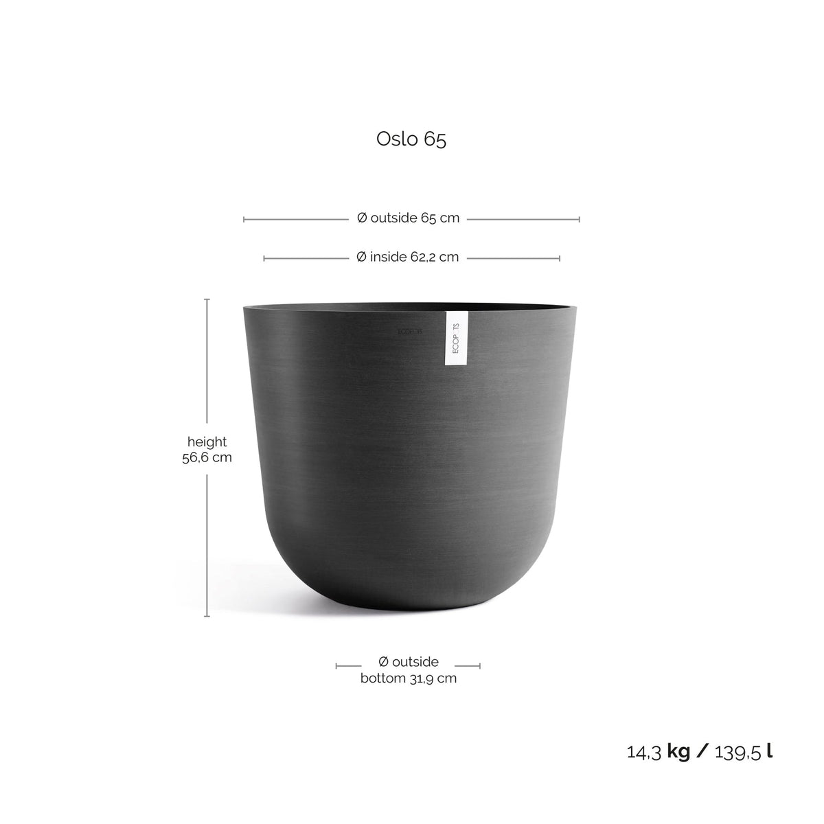 Kukkaruukku Oslo 65cm tummanharmaa – mittapiirros