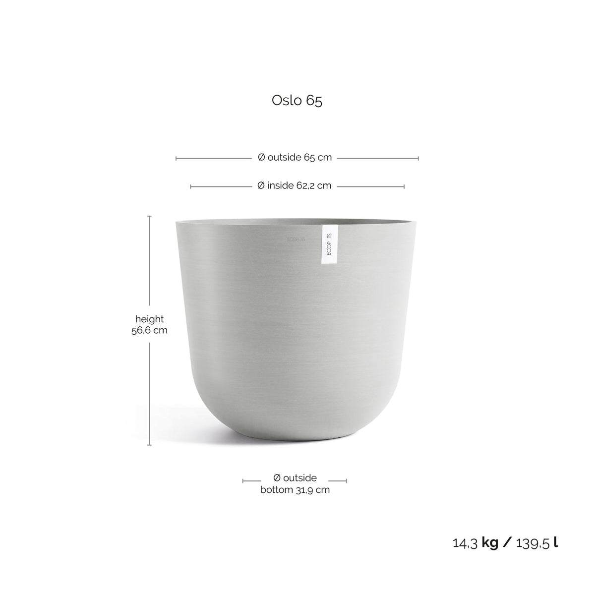 Kukkaruukku Oslo 65cm valkoharmaa – mittapiirros
