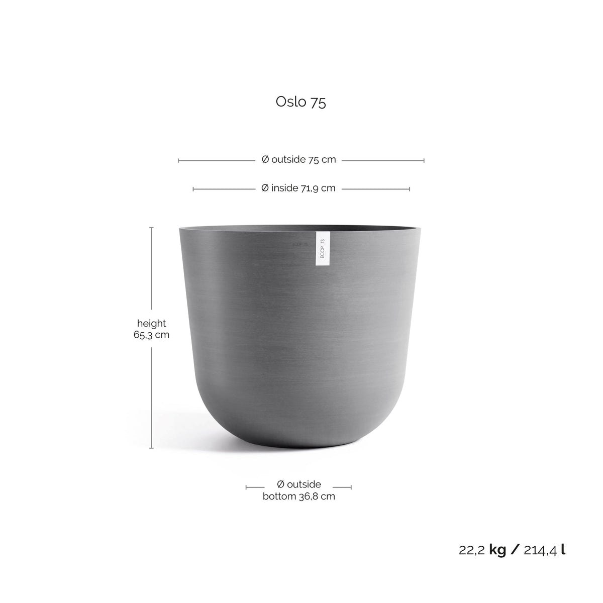 Kukkaruukku Oslo 75cm harmaa – mittapiirros