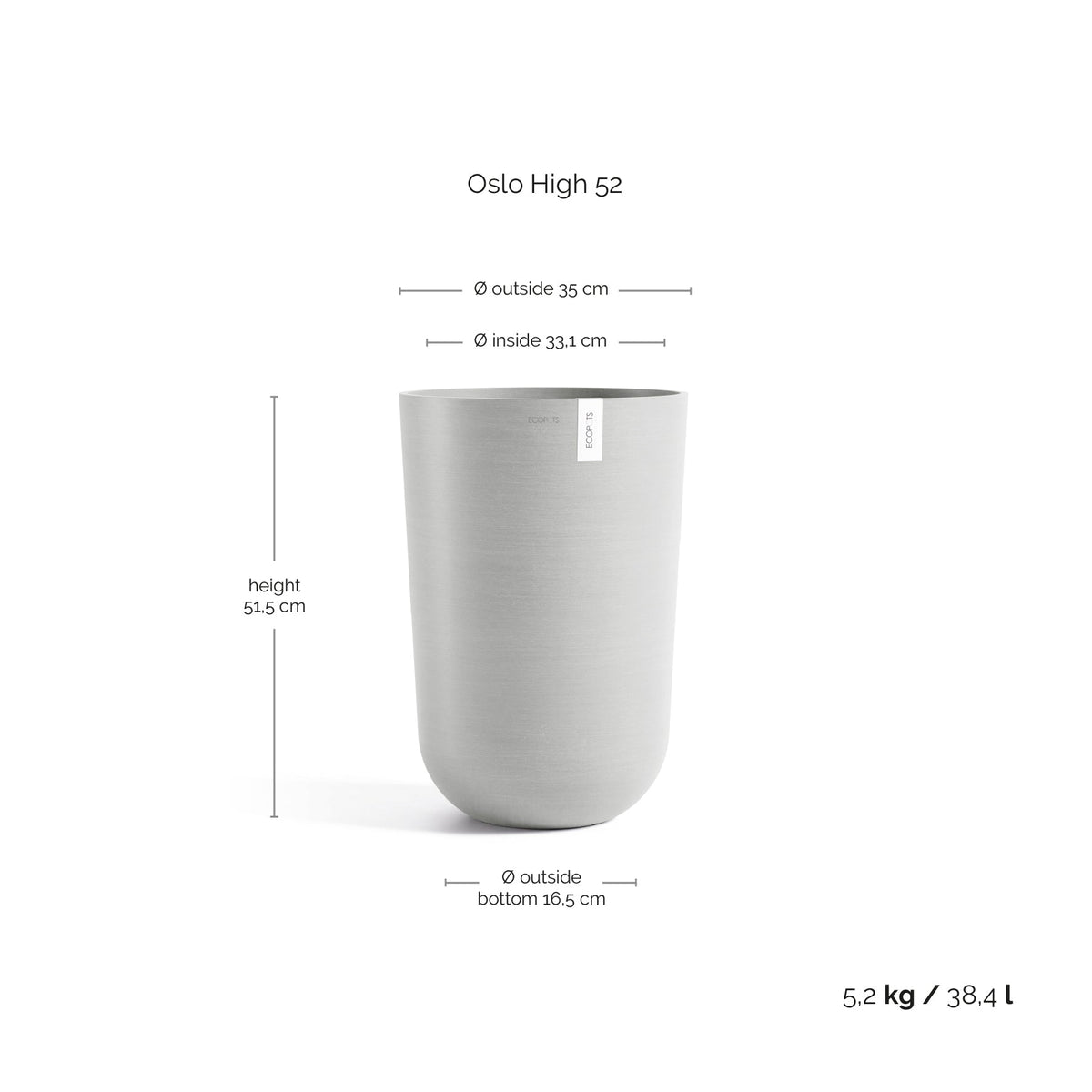 Kukkaruukku Oslo korkea 52cm valkoharmaa – mittapiirros
