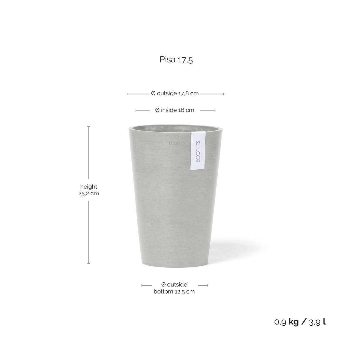 Kukkaruukku Pisa 17,5cm valkoharmaa – mittapiirros