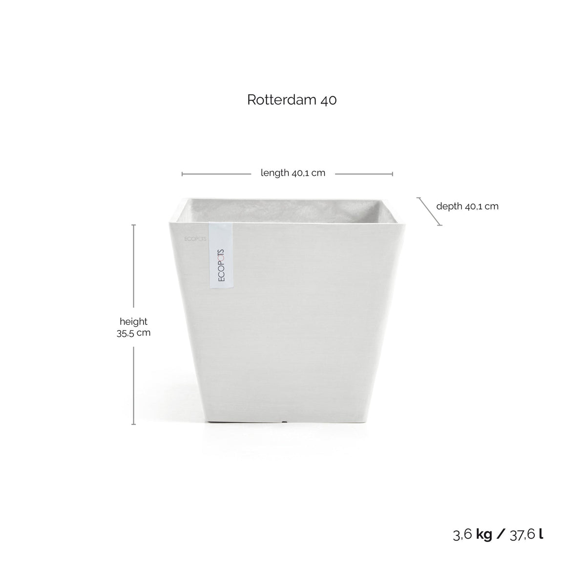 Kukkaruukku Rotterdam 40cm valkoinen – mittapiirros