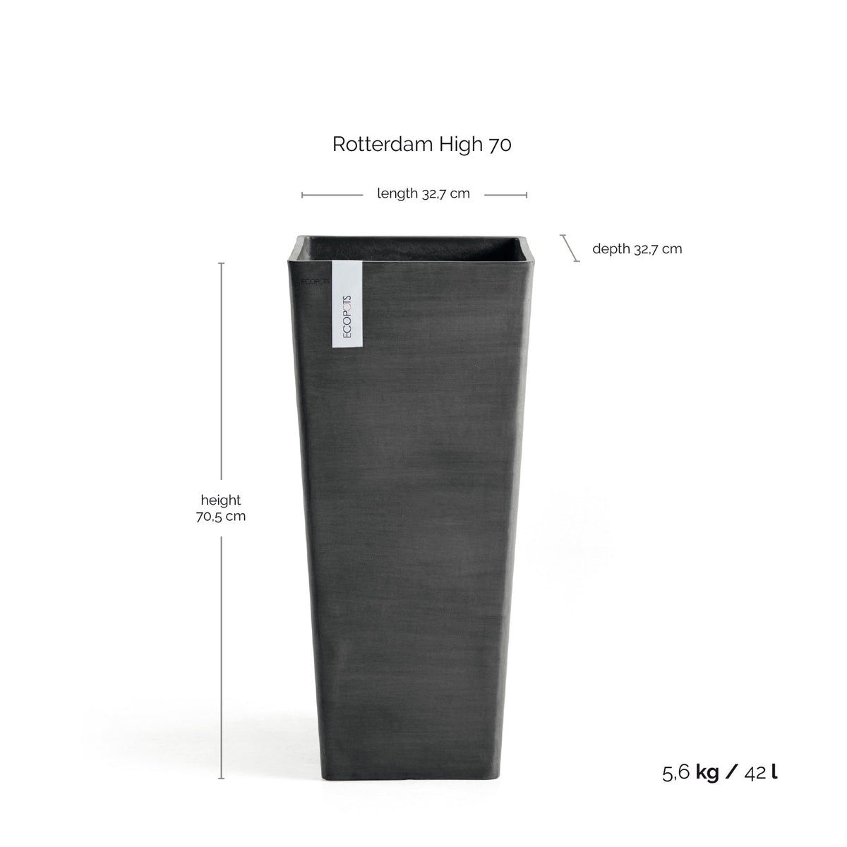 Kukkaruukku Rotterdam korkea 70cm tummanharmaa – mittapiirros