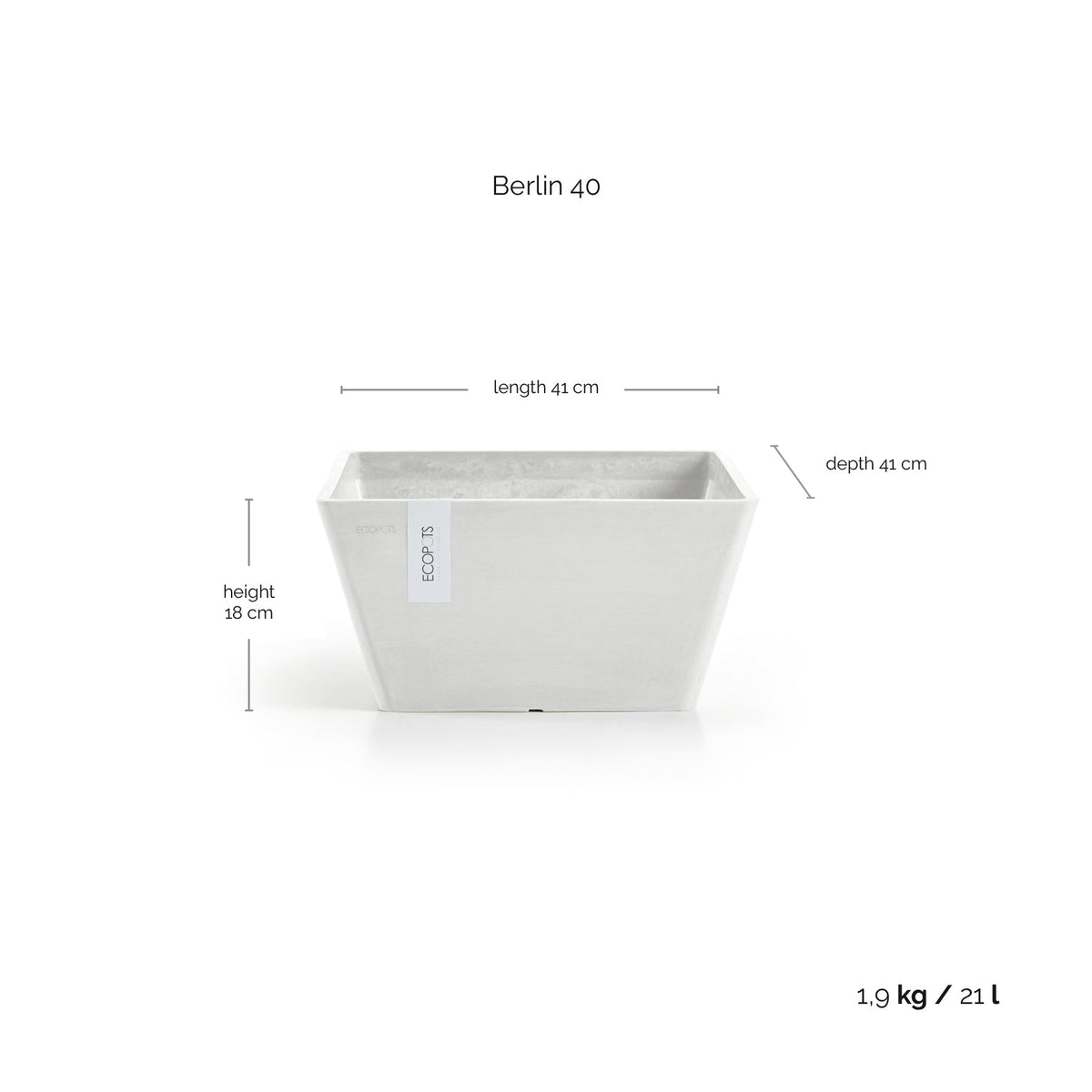 Kukkaruukku Berliini 40cm valkoinen – mittapiirros