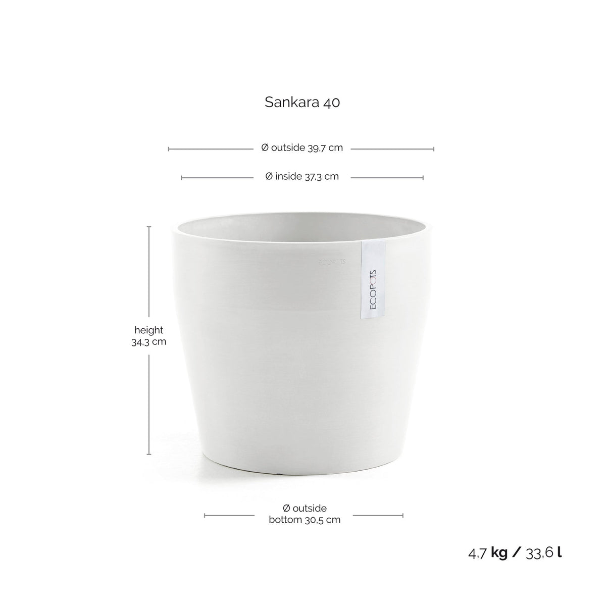 Kukkaruukku Sankara 40cm valkoinen – mittapiirros