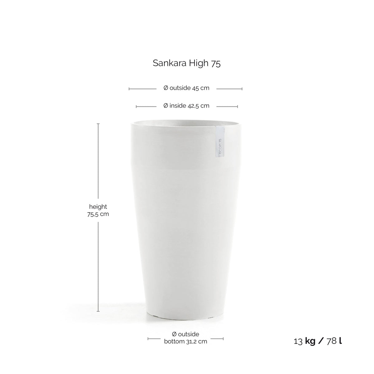 Kukkaruukku Sankara korkea 75cm valkoinen – mittapiirros